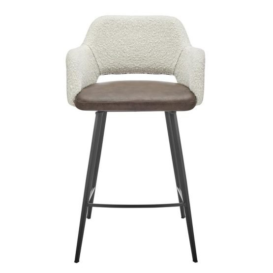 Desi Swivel Counter Stool in Ivory Fabric and Light Brown Leatherette with Black Base