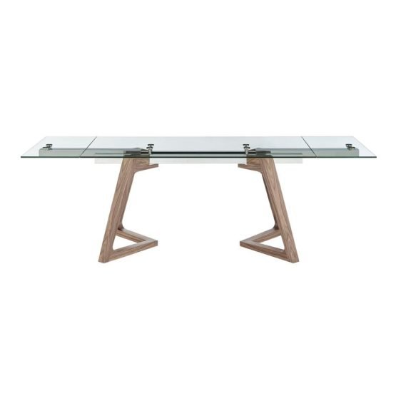 Donar Extension Table in Clear Tempered Glass Top and American Walnut Veneer Solid Wood Base
