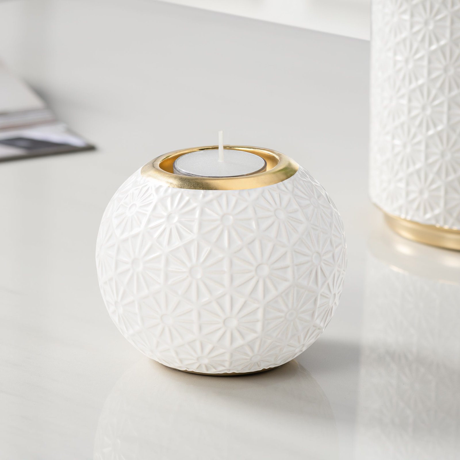 Sol Sunburst Mosaic Gold Trim Ceramic Tealight Holder