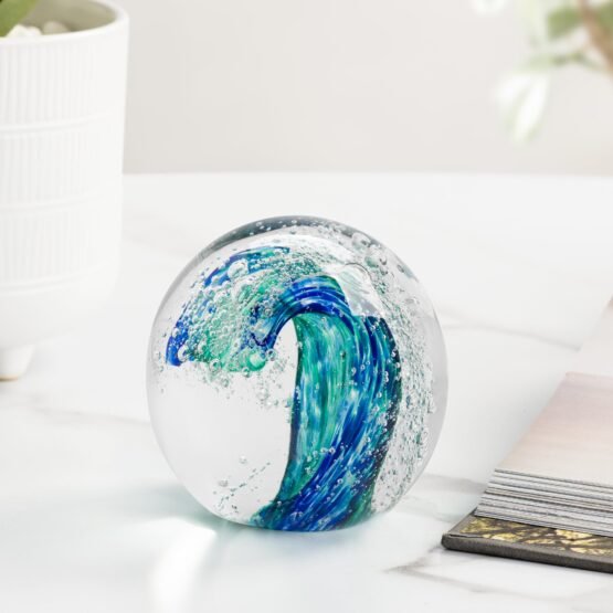 Blue Wave Glass Ball 3 Inch Paperweight Decor