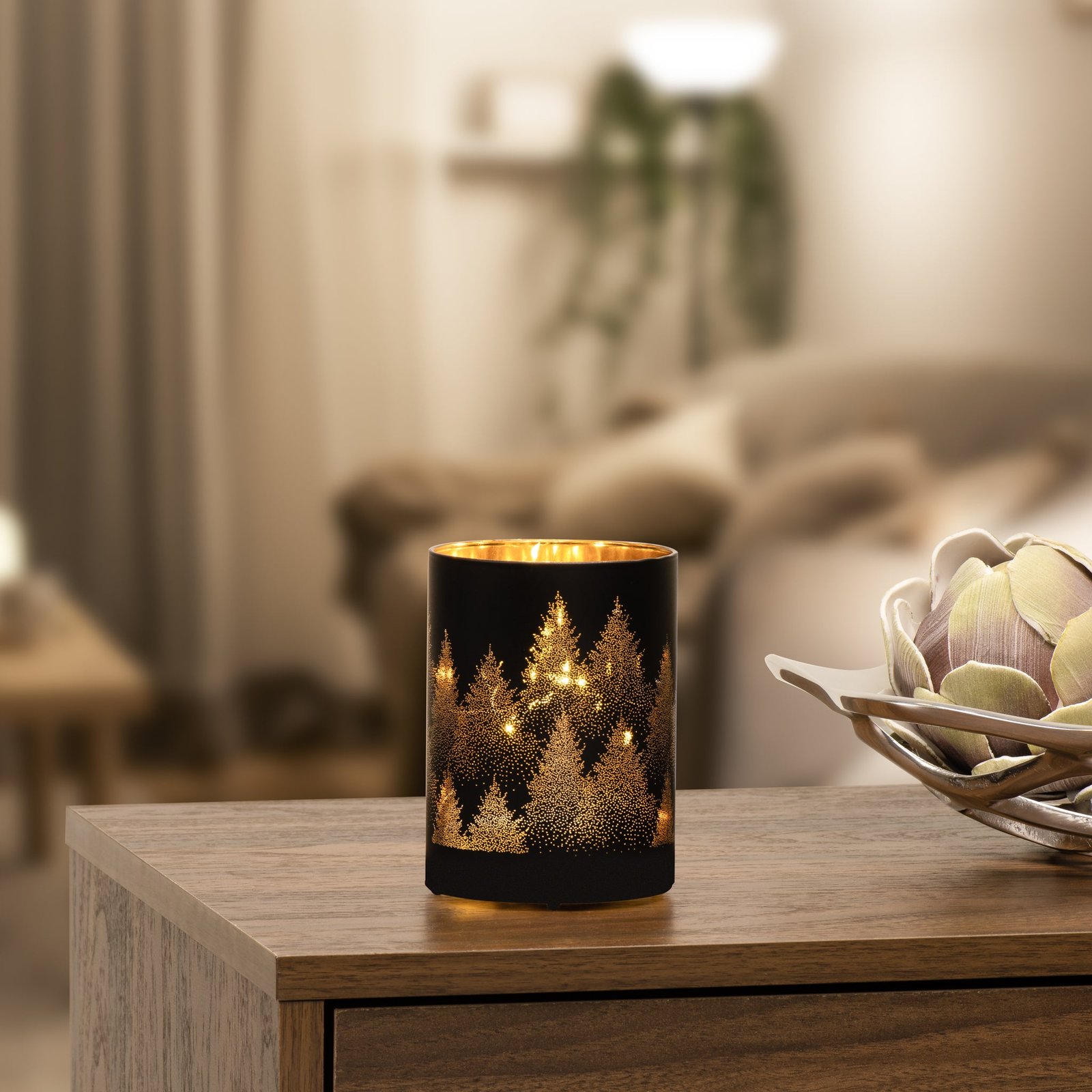 Silhouette Tree Design Black Glass 3.5x5 Inch LED Hurricane Lamp - Image 5