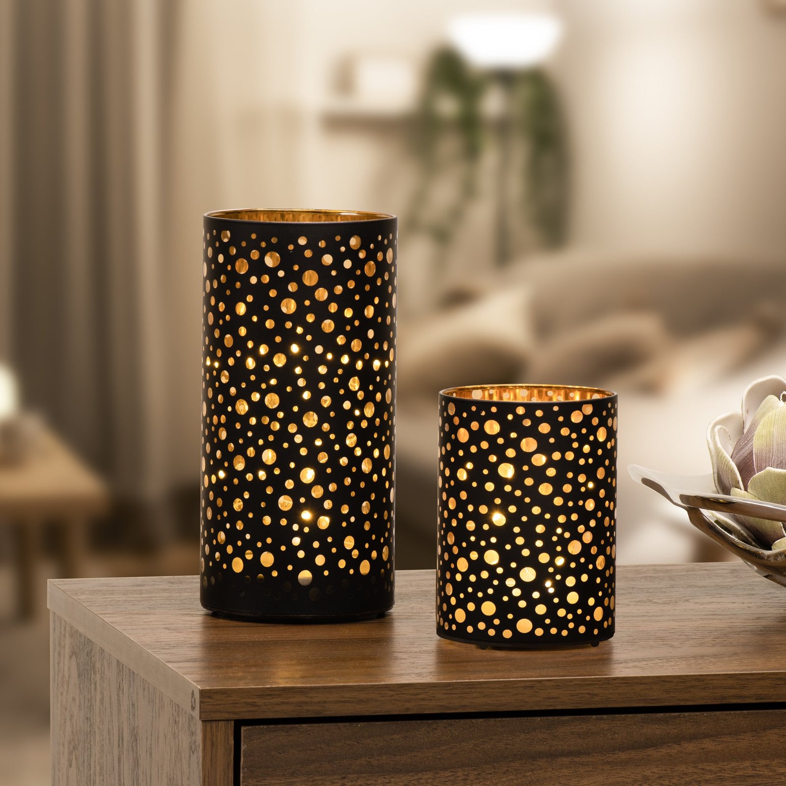 Silhouette Dot Design Black Glass 3.5x5 Inch LED Hurricane Lamp - Image 4