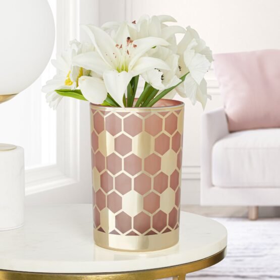 Honeycomb Gold Mirror 4.5x7" Glass Hurricane Vase - Pink - Image 7