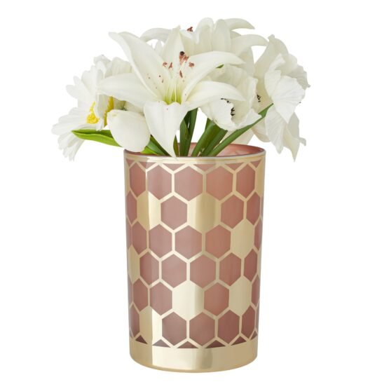Honeycomb Gold Mirror 4.5x7" Glass Hurricane Vase - Pink - Image 8