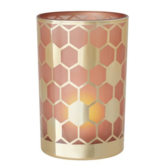 Honeycomb Gold Mirror 4.5x7" Glass Hurricane Vase - Pink - Image 9