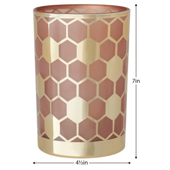Honeycomb Gold Mirror 4.5x7" Glass Hurricane Vase - Pink - Image 2