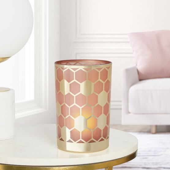 Honeycomb Gold Mirror 4.5x7" Glass Hurricane Vase - Pink - Image 3