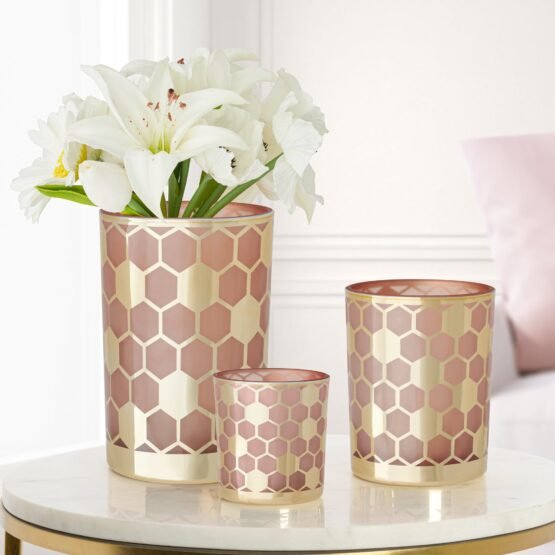 Honeycomb Gold Mirror 4.5x7" Glass Hurricane Vase - Pink - Image 4