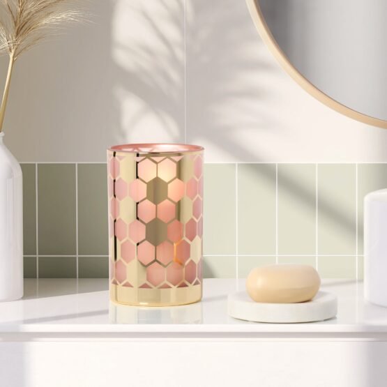 Honeycomb Gold Mirror 4.5x7" Glass Hurricane Vase - Pink - Image 5