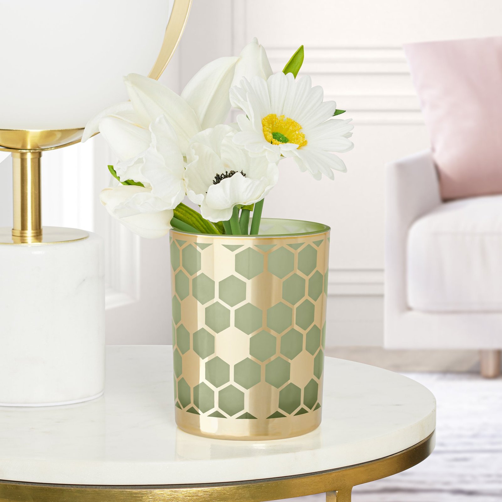 Honeycomb Gold Mirror 4x5" Glass Hurricane Vase - Green - Image 7