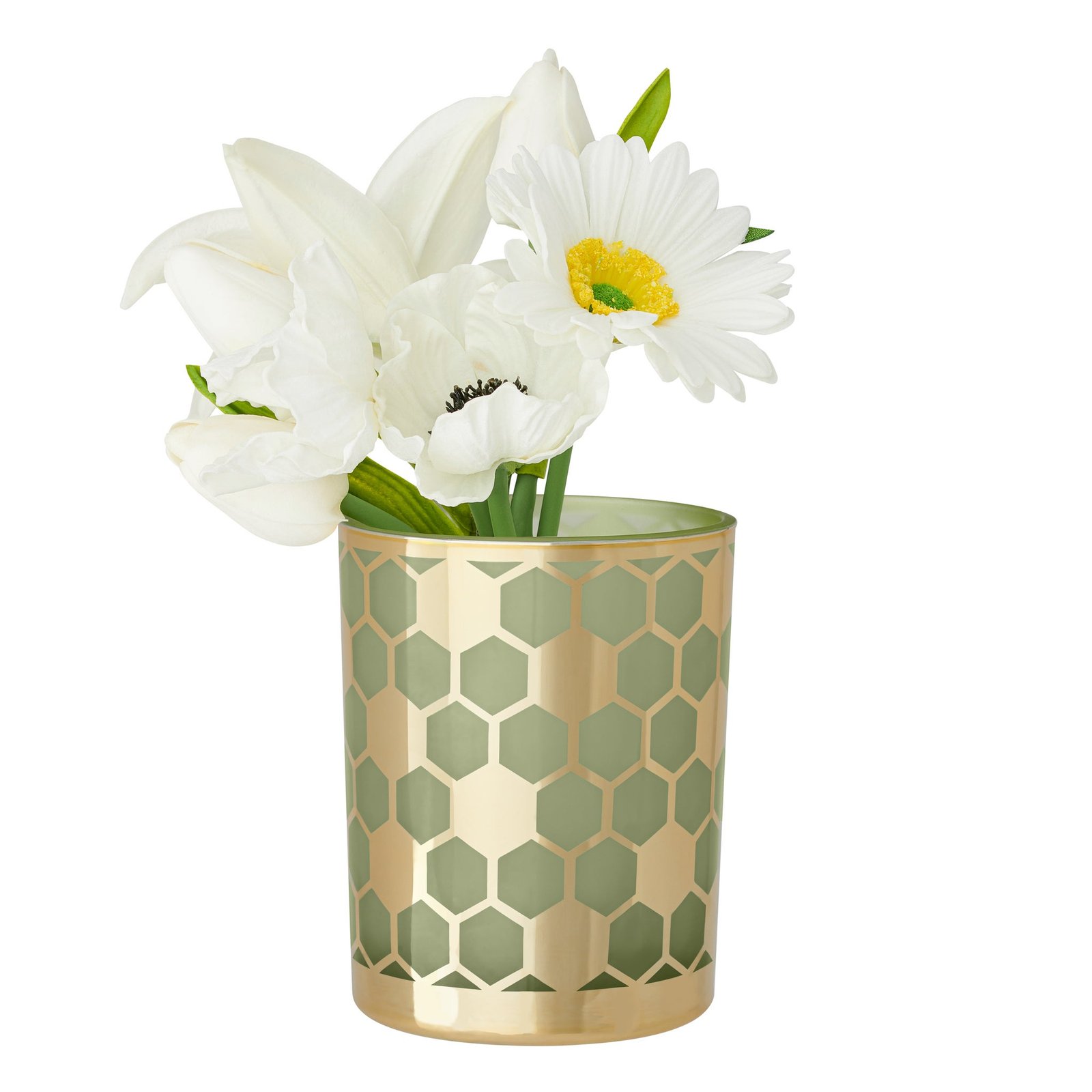 Honeycomb Gold Mirror 4x5" Glass Hurricane Vase - Green - Image 8