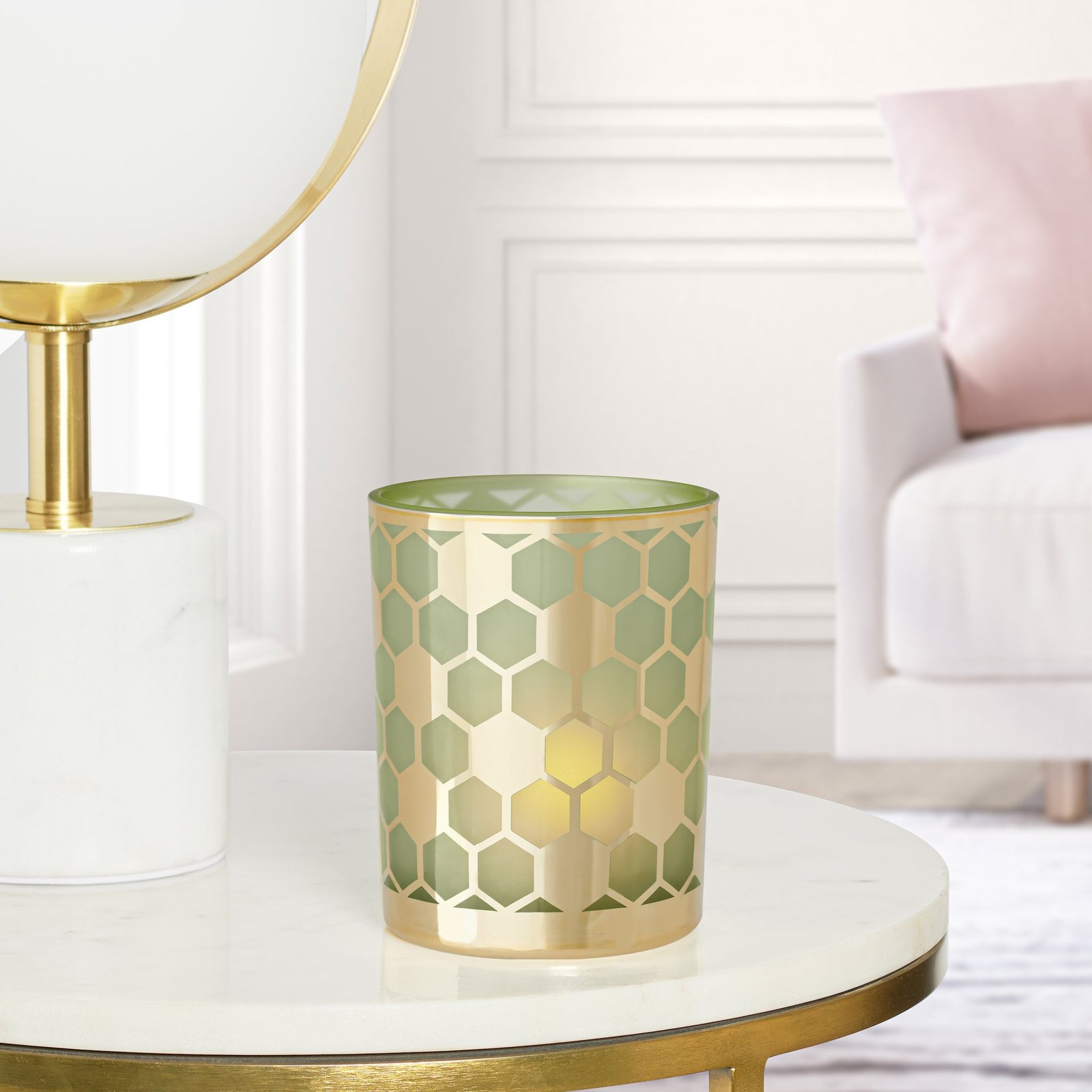 Honeycomb Gold Mirror 4x5" Glass Hurricane Vase - Green - Image 3