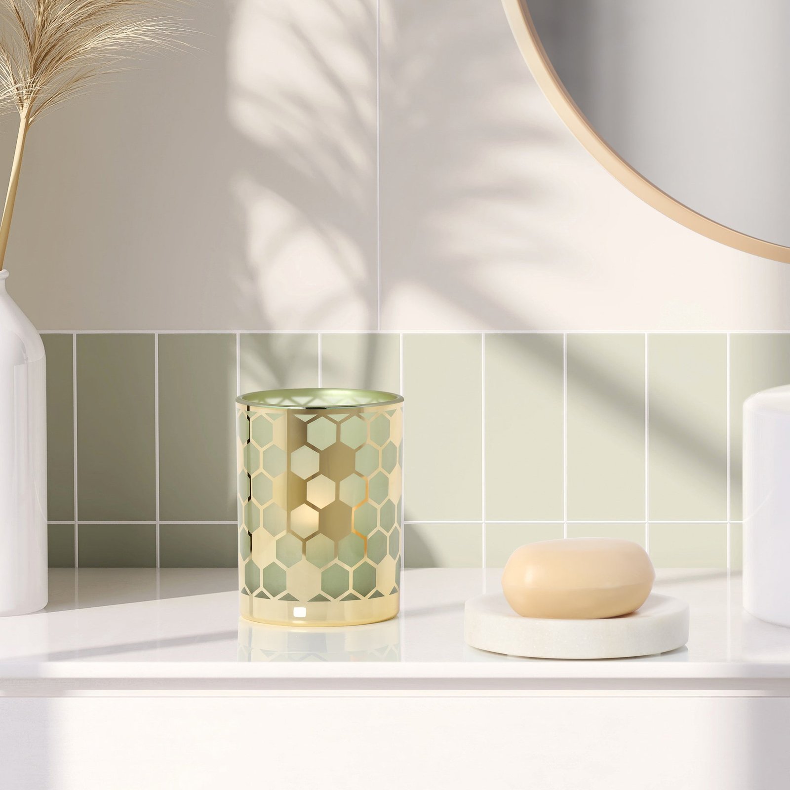 Honeycomb Gold Mirror 4x5" Glass Hurricane Vase - Green - Image 4