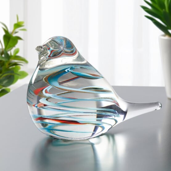 Bird Glass Paperweight 4 Inch Tall Decor - Clear/Blue Swirl