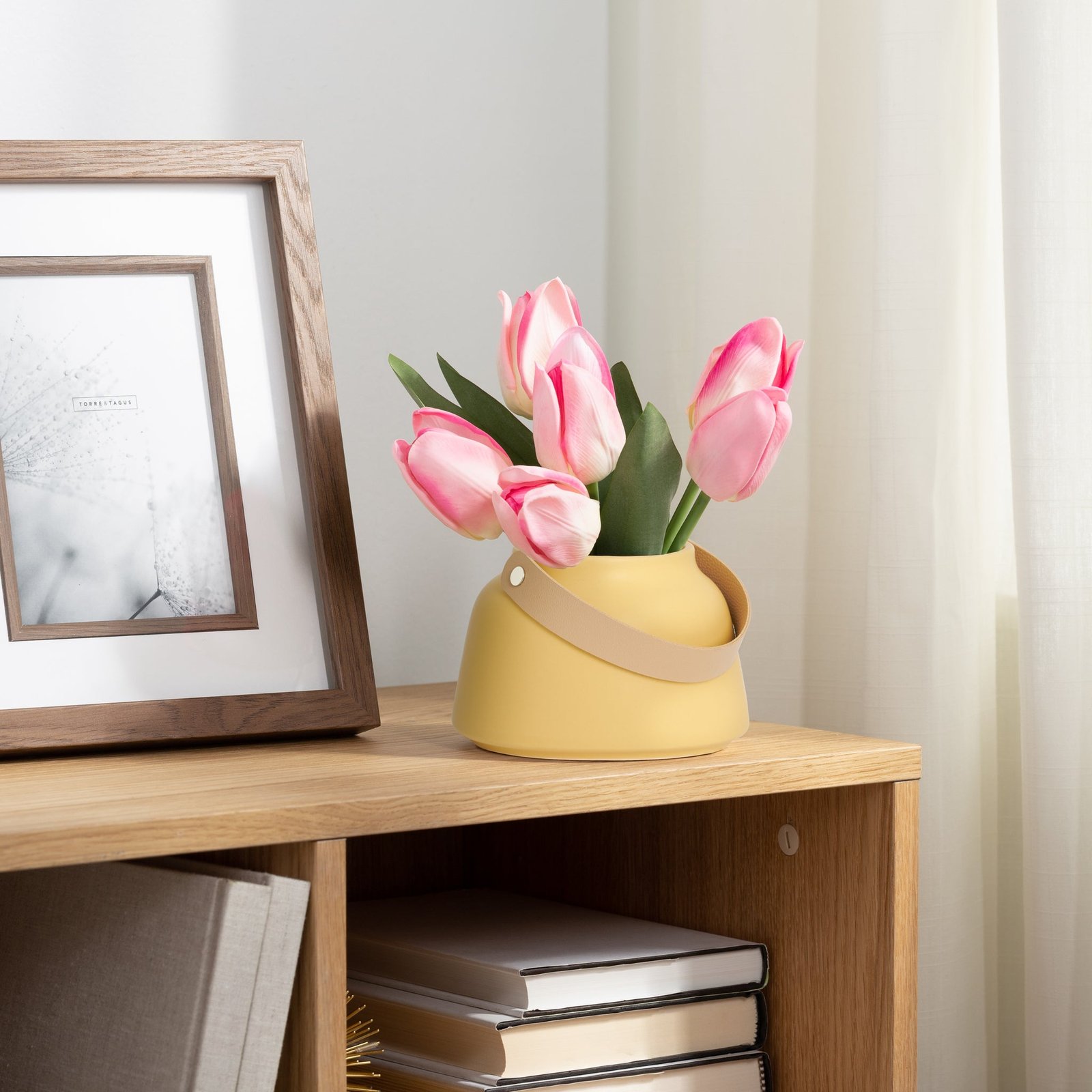 Lido Matte Yellow Ceramic 3.5h" Taper Vase with Faux Leather Handle - Image 5