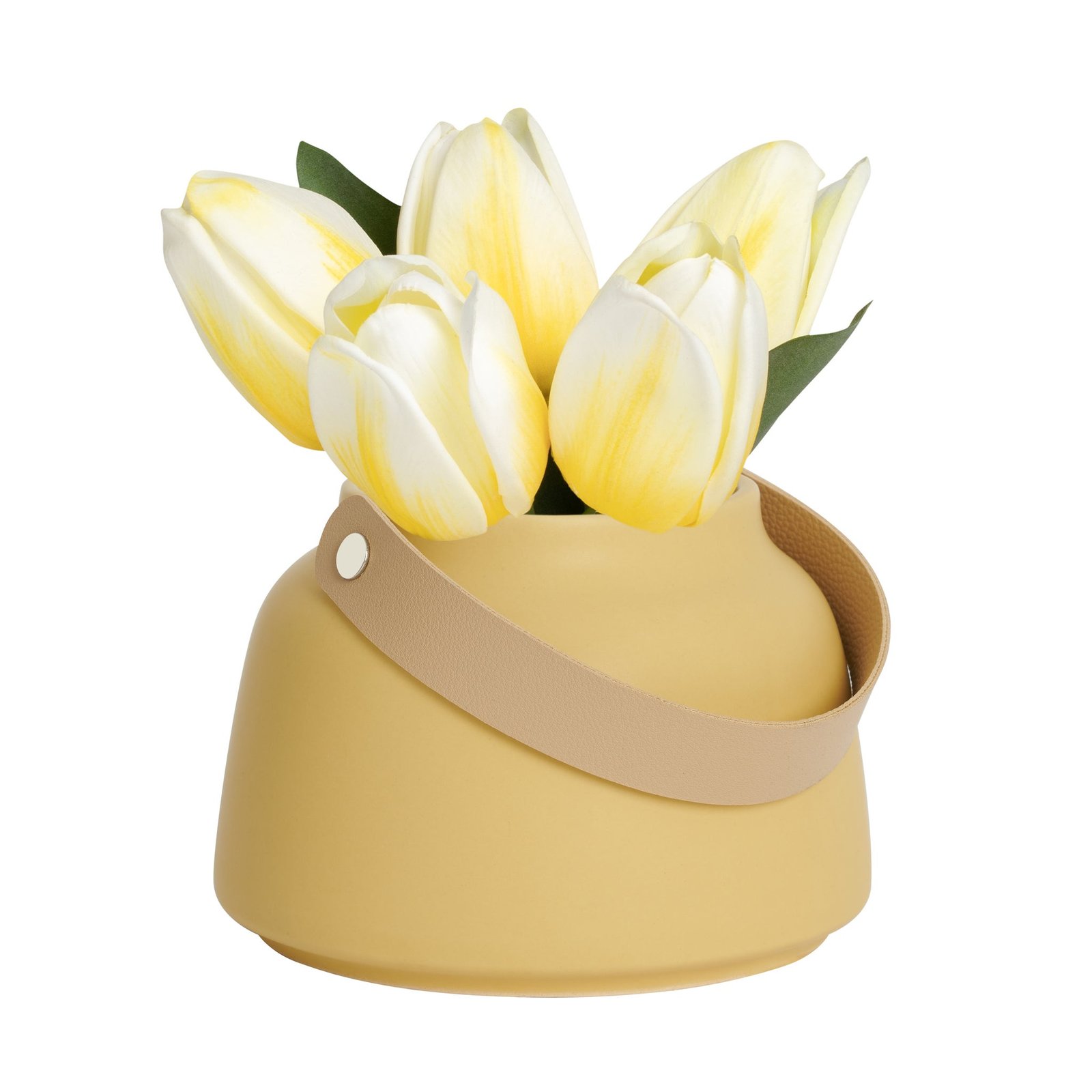 Lido Matte Yellow Ceramic 3.5h" Taper Vase with Faux Leather Handle - Image 6