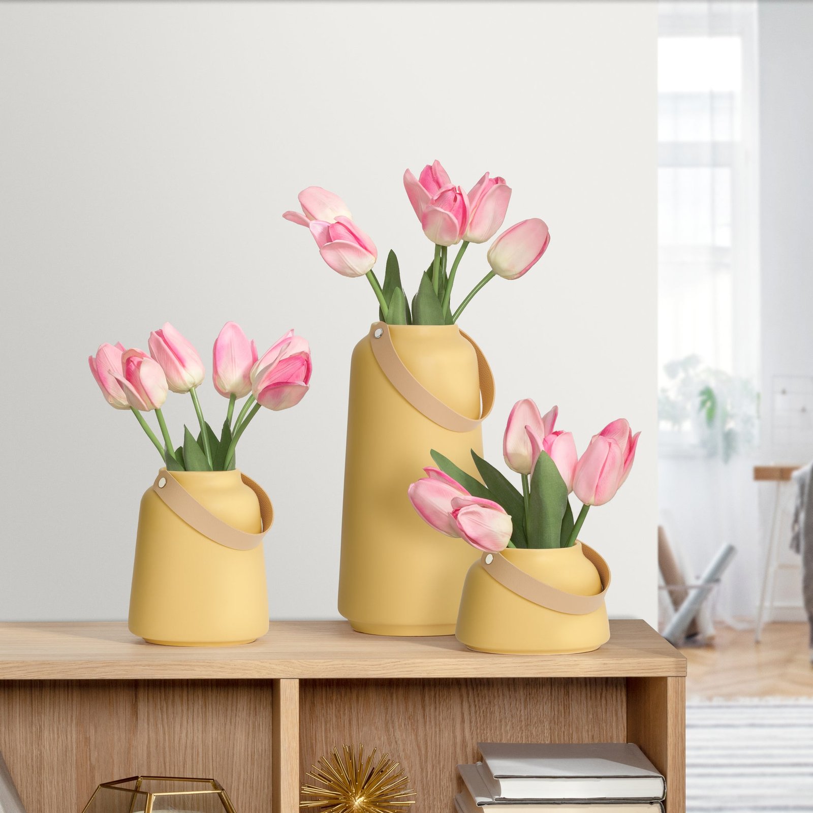 Lido Matte Yellow Ceramic 3.5h" Taper Vase with Faux Leather Handle - Image 4