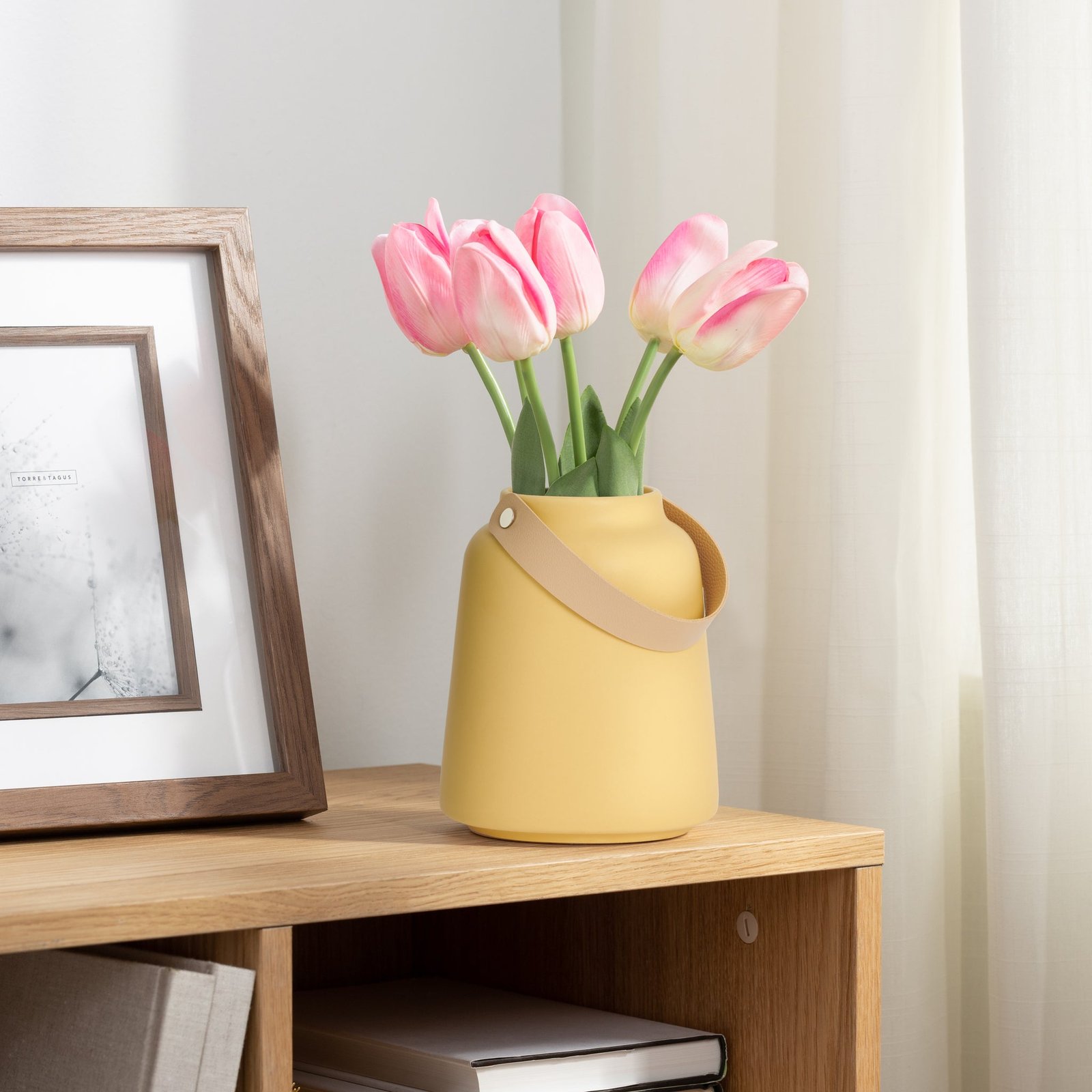 Lido Matte Yellow Ceramic 6h" Tapered Vase with Faux Leather Handle - Image 5