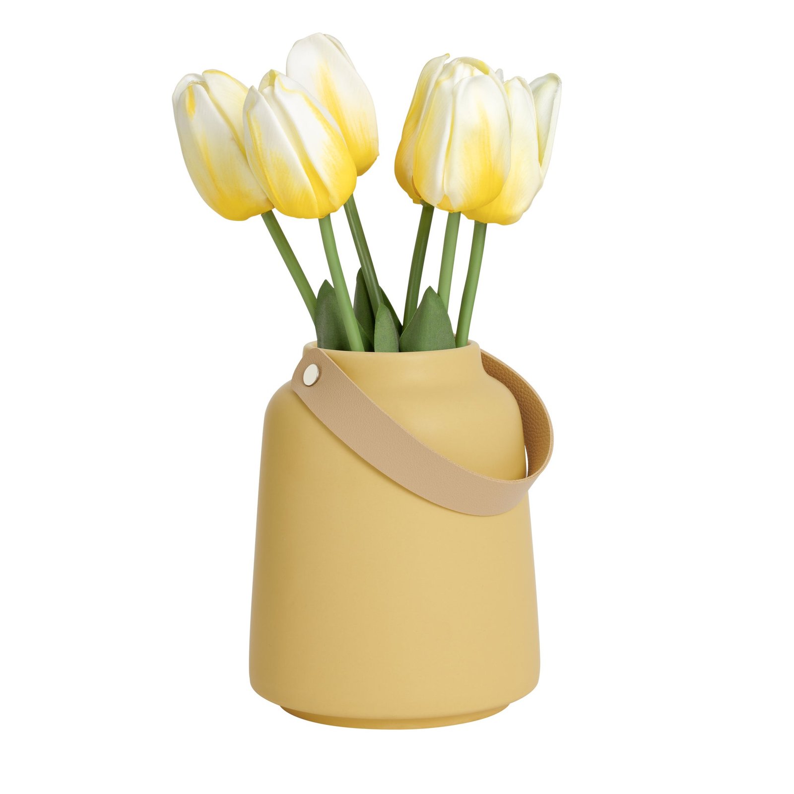 Lido Matte Yellow Ceramic 6h" Tapered Vase with Faux Leather Handle - Image 6