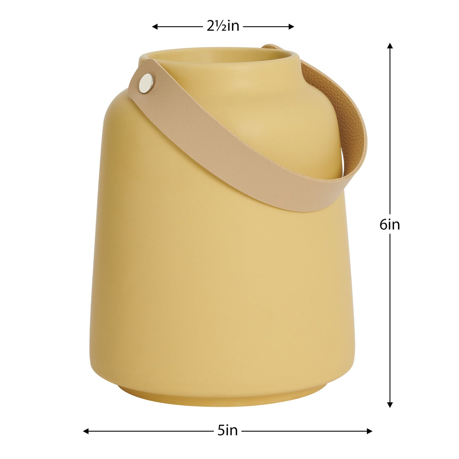 Lido Matte Yellow Ceramic 6h" Tapered Vase with Faux Leather Handle - Image 3