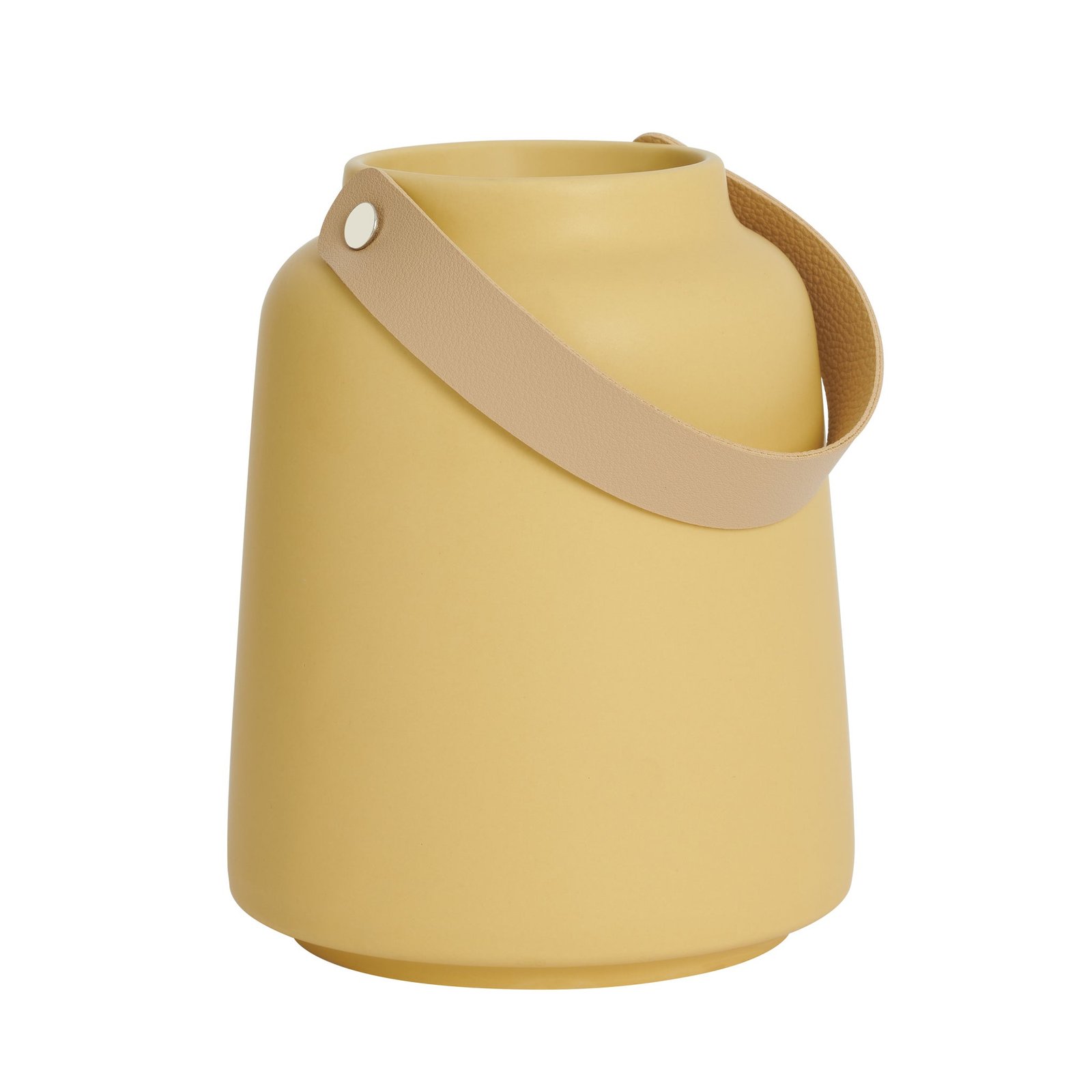 Lido Matte Yellow Ceramic 6h" Tapered Vase with Faux Leather Handle