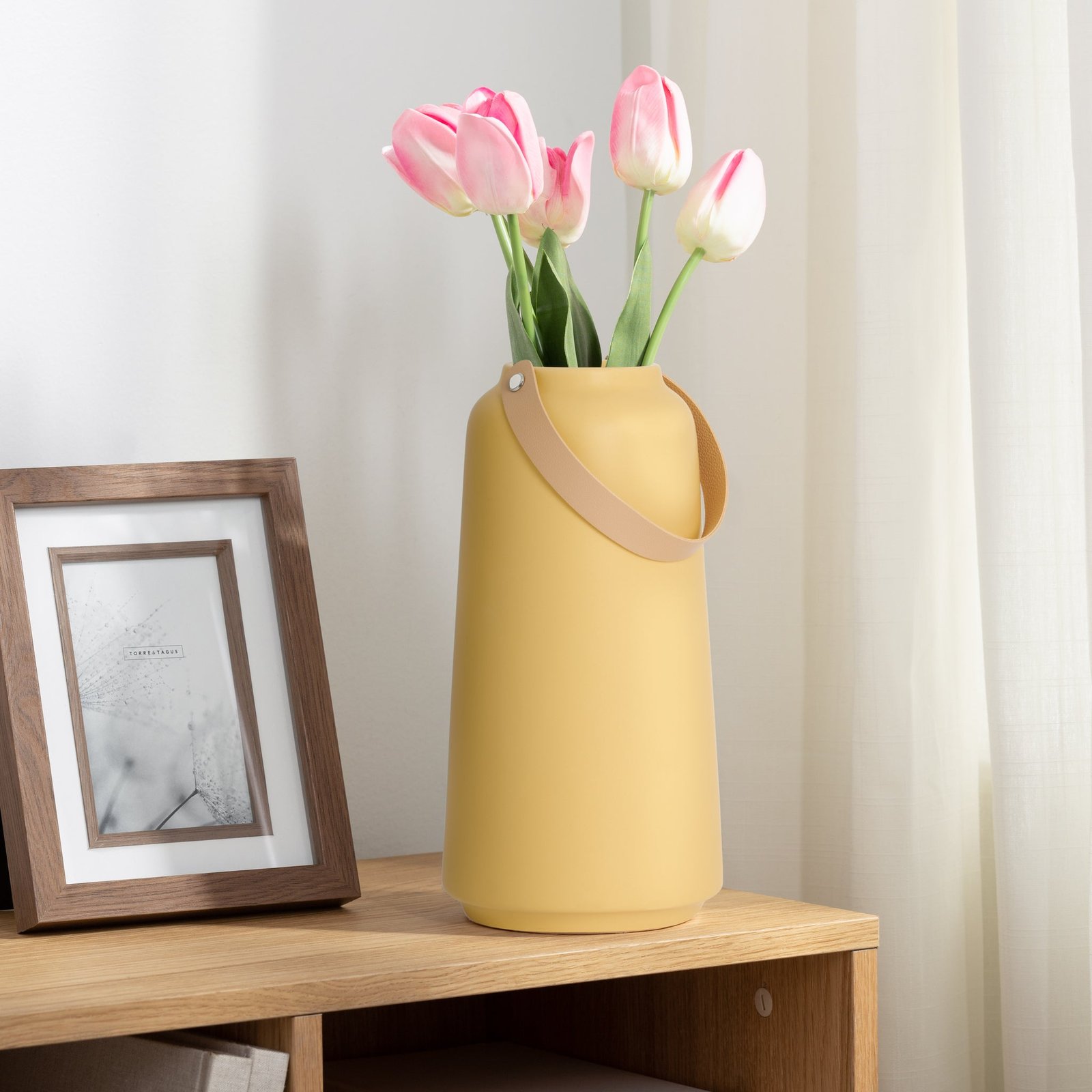Lido Matte Yellow Ceramic 11h" Tapered Vase with Faux Leather Handle - Image 5