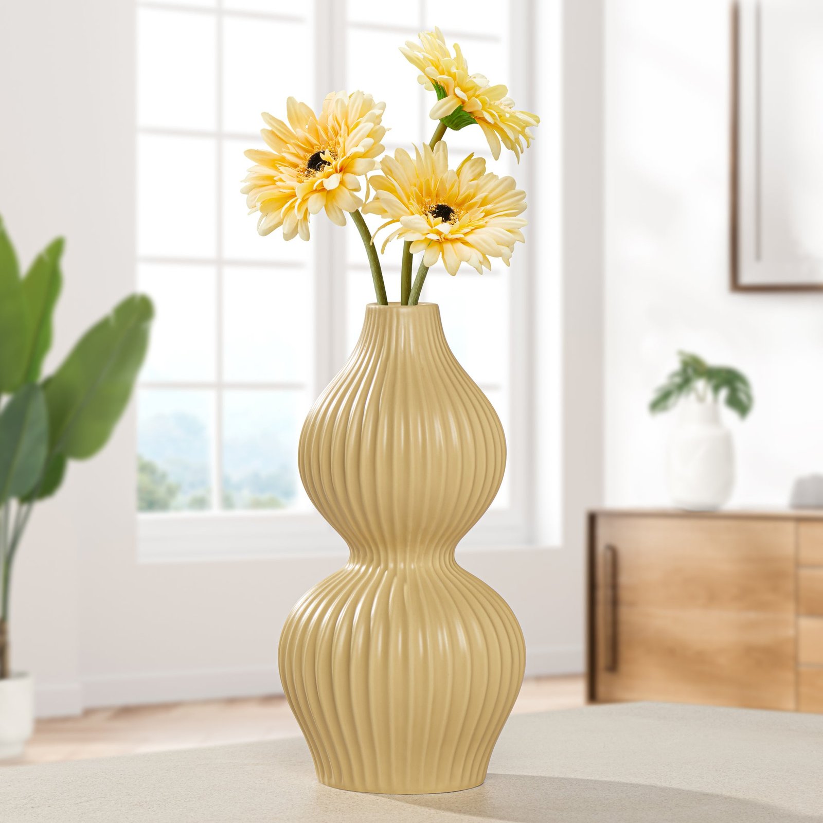 Sophia Double Gourd 10 Inch Tall Yellow Ceramic Vase - Image 5