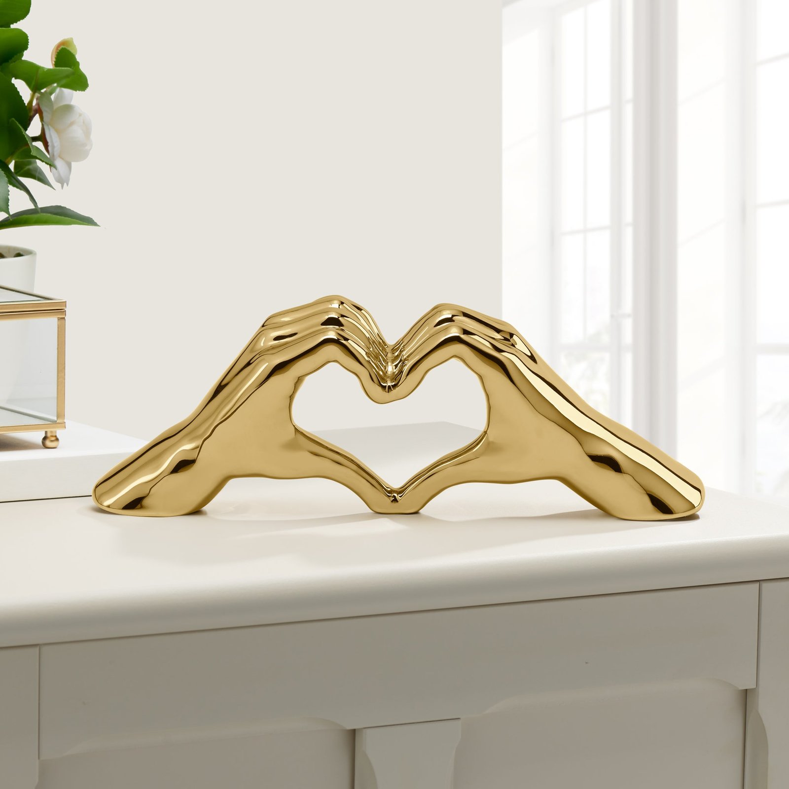 Love Gesture Hand 12L” Ceramic Decor Sculpture - Gold Heart