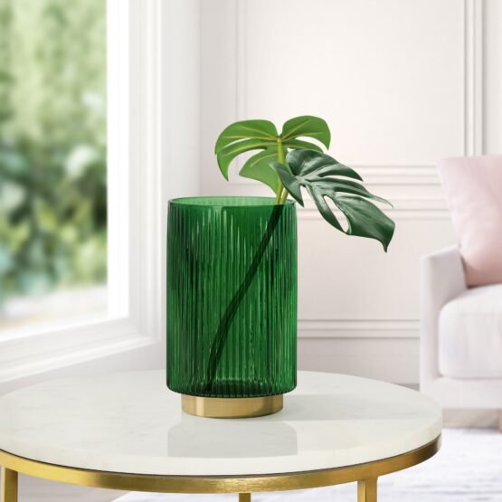 Adele Gold Base Green Glass 7.5 Inch Tall Cylinder Vase - Image 5
