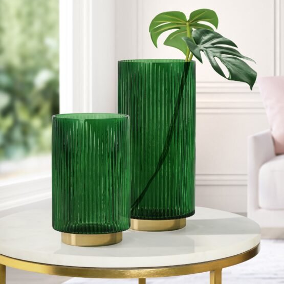 Adele Gold Base Green Glass 7.5 Inch Tall Cylinder Vase - Image 4