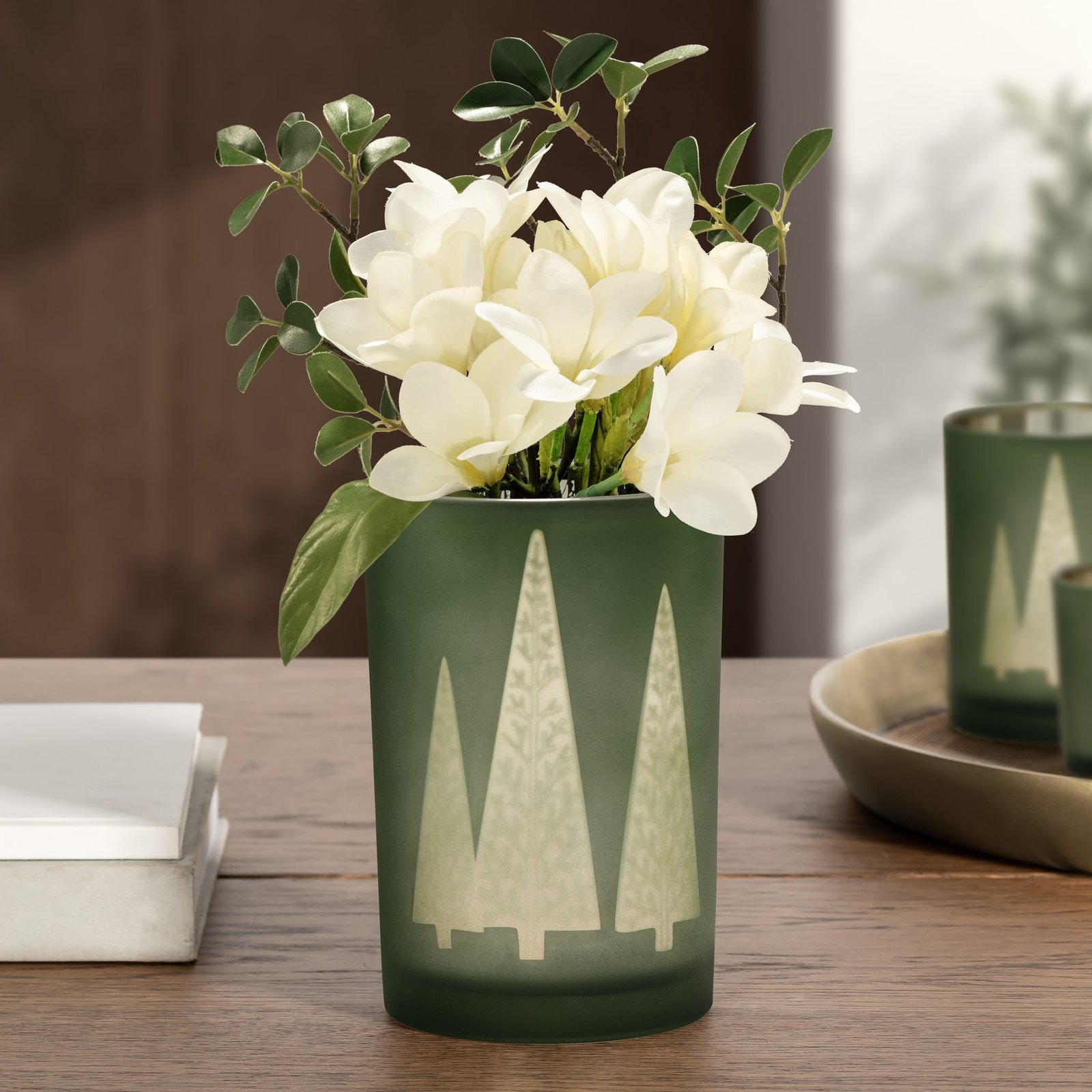 Green Mod Tree Gold Mirror 4.5x7 Inch Glass Hurricane Vase - Image 6