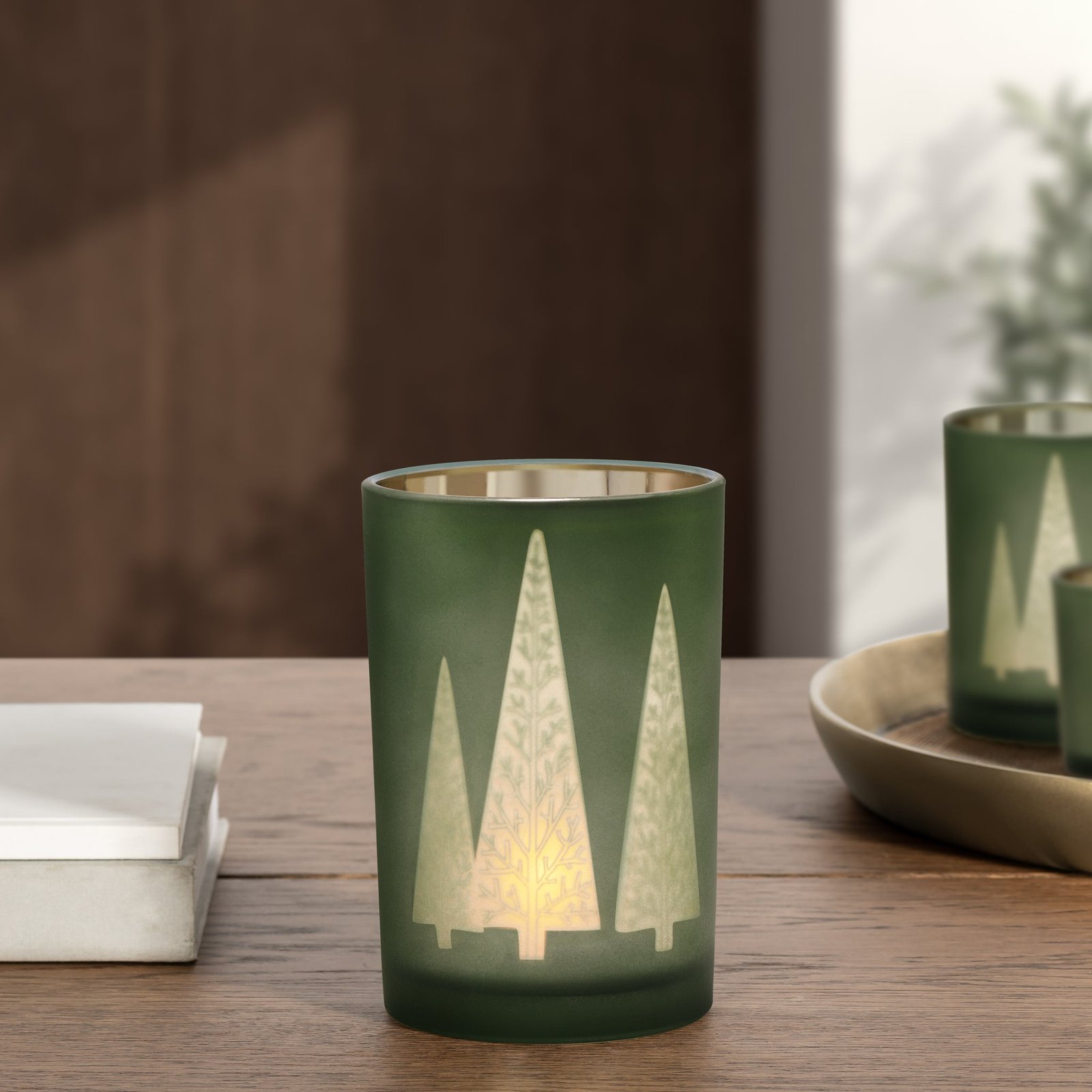 Green Mod Tree Gold Mirror 4.5x7 Inch Glass Hurricane Vase - Image 3