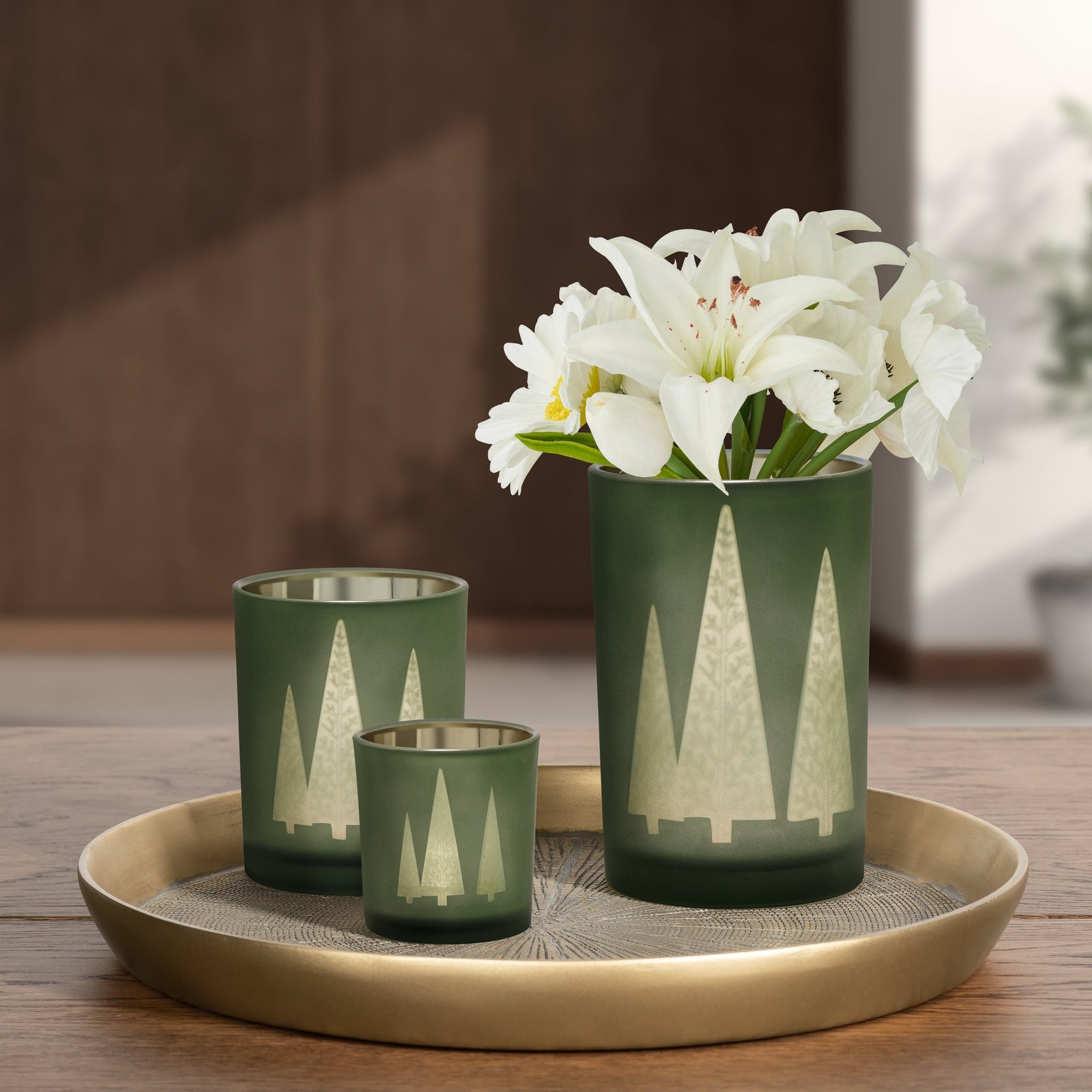 Green Mod Tree Gold Mirror 4.5x7 Inch Glass Hurricane Vase - Image 4