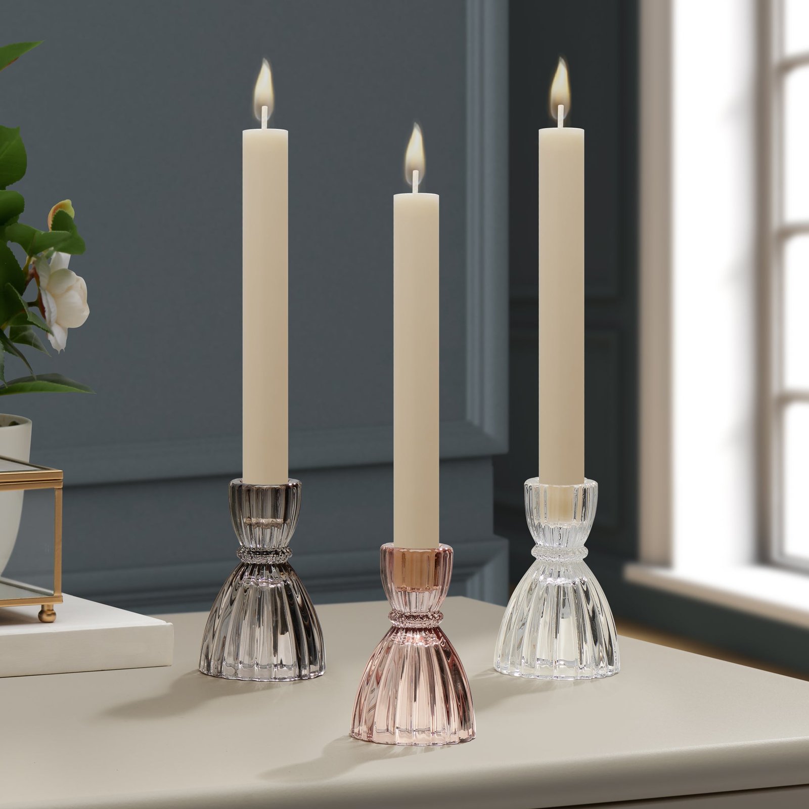 Olivia Faceted Glass 3.5 Inch Tall Taper Candle Holder - Clear - Image 4