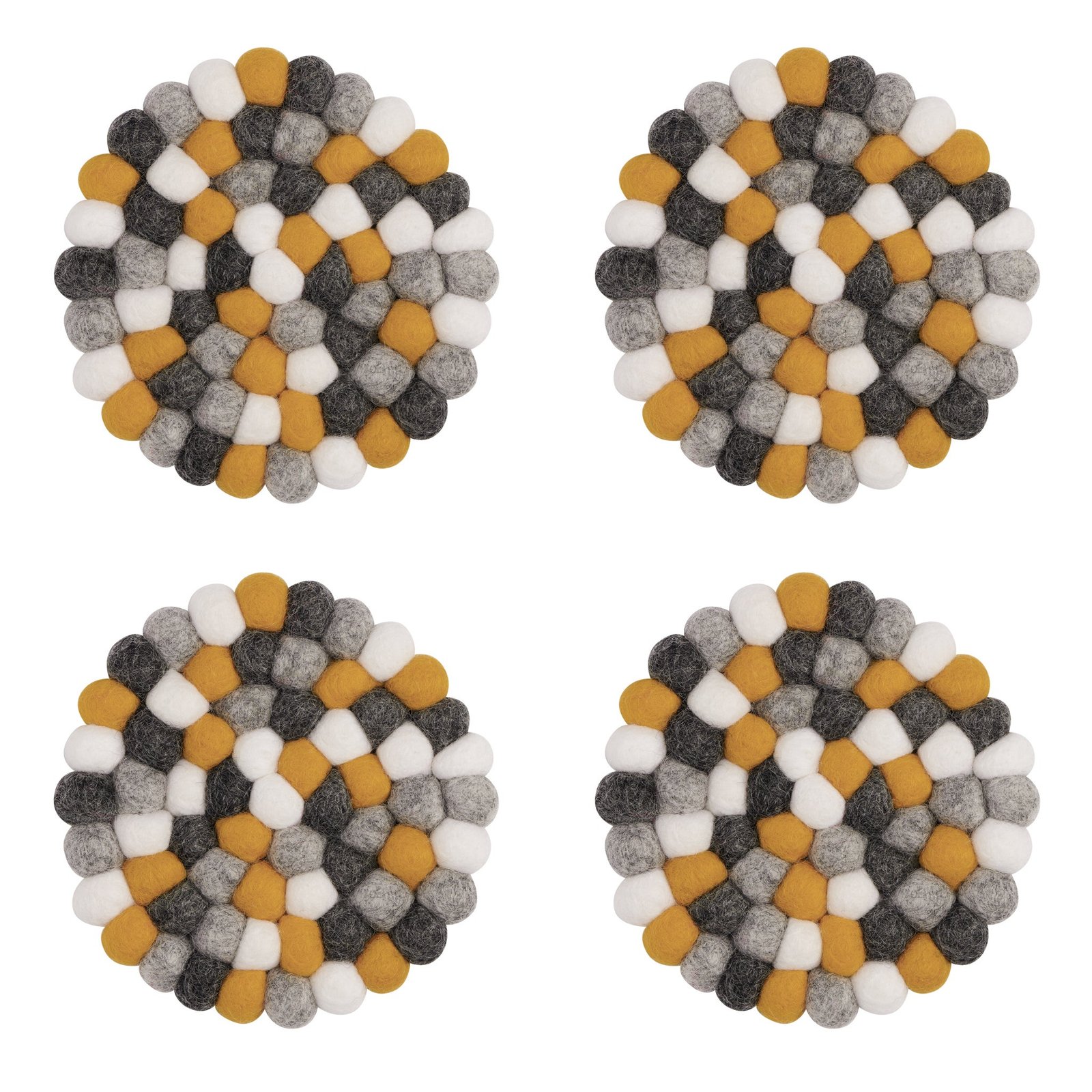 MODWOOL Felt Ball Four Piece Round 4 Inch Diameter Coaster Set - Yellow/Grey/White - Image 4