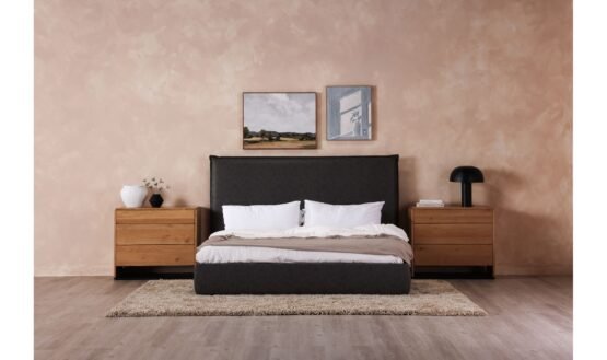 LUZON QUEEN BED TALL HEADBOARD SLATE VEGAN LEATHER LIGHT GREY - Image 2