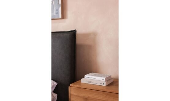LUZON QUEEN BED TALL HEADBOARD SLATE VEGAN LEATHER LIGHT GREY - Image 3