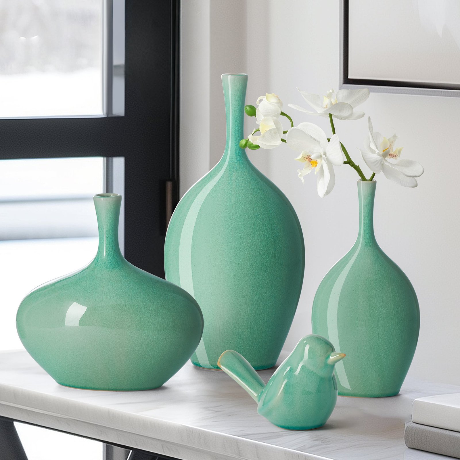 Lilo Celadon Crackle Ceramic Vase - 12.25 Inch Tall - Image 5