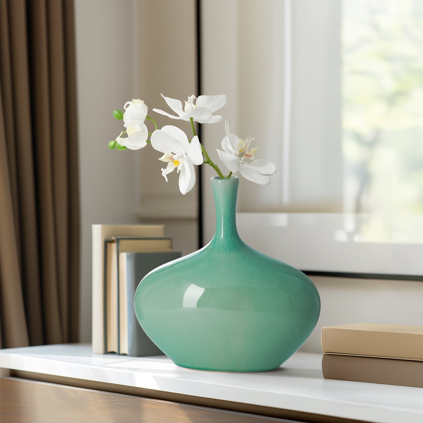 Lilo Celadon Crackle Ceramic Wide Vase - 8.25 Inch Tall - Image 7