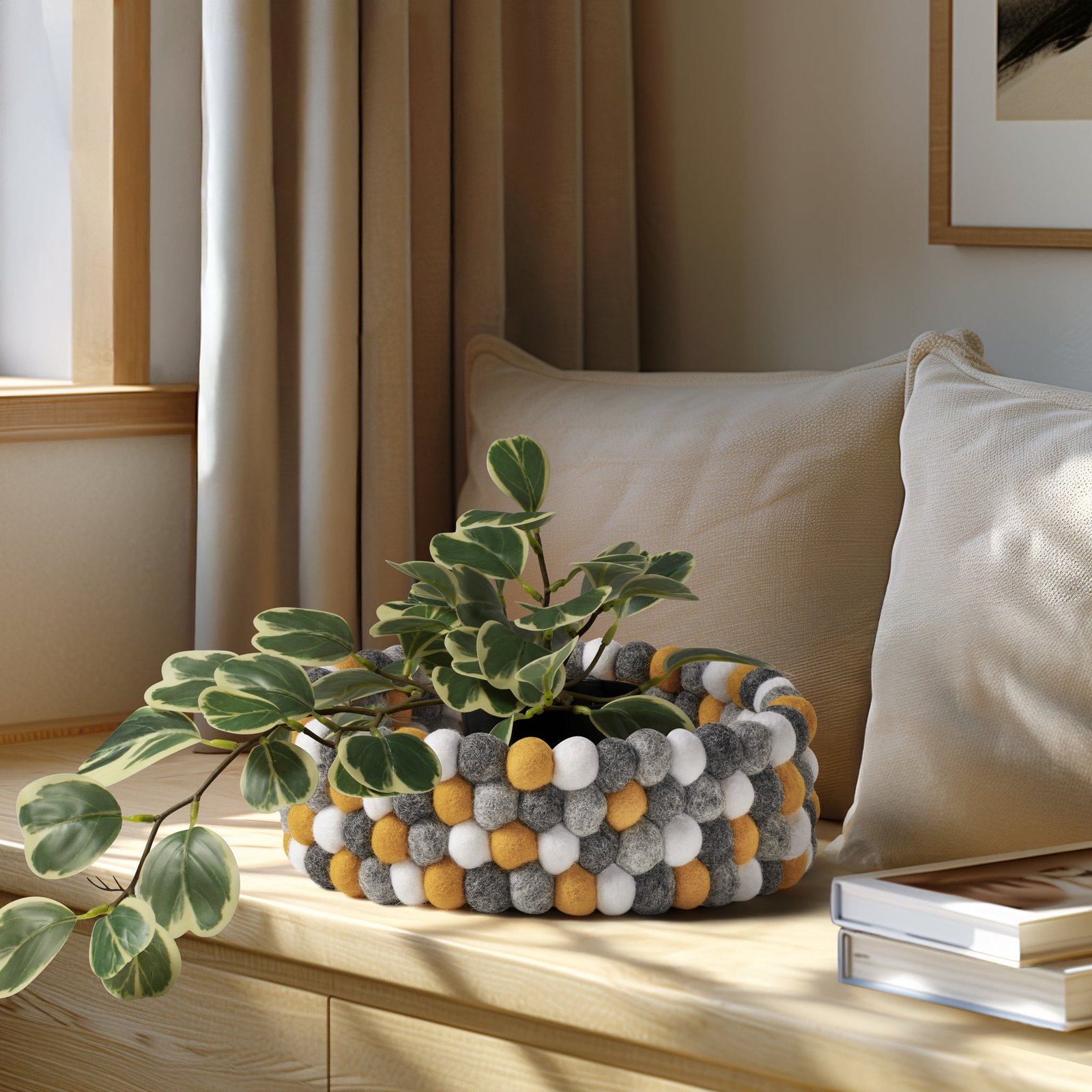 MODWOOL™ Felt Ball 9 Inch Diameter Decor Bowl - Yellow/Grey/White - Image 4