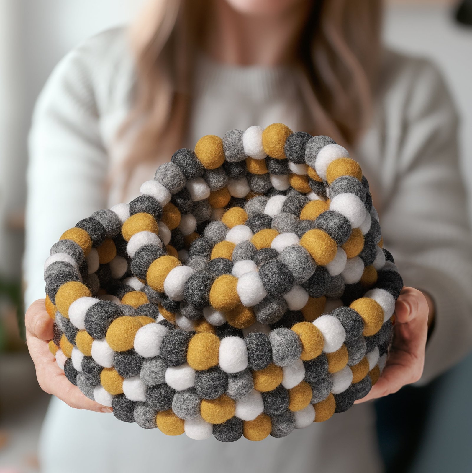 MODWOOL™ Felt Ball 9 Inch Diameter Decor Bowl - Yellow/Grey/White - Image 5