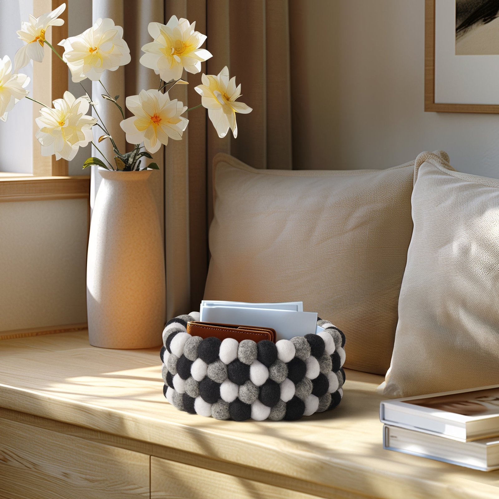 MODWOOL™ Felt Ball 7 Inch Diameter Decor Bowl - Black/White/Grey - Image 4