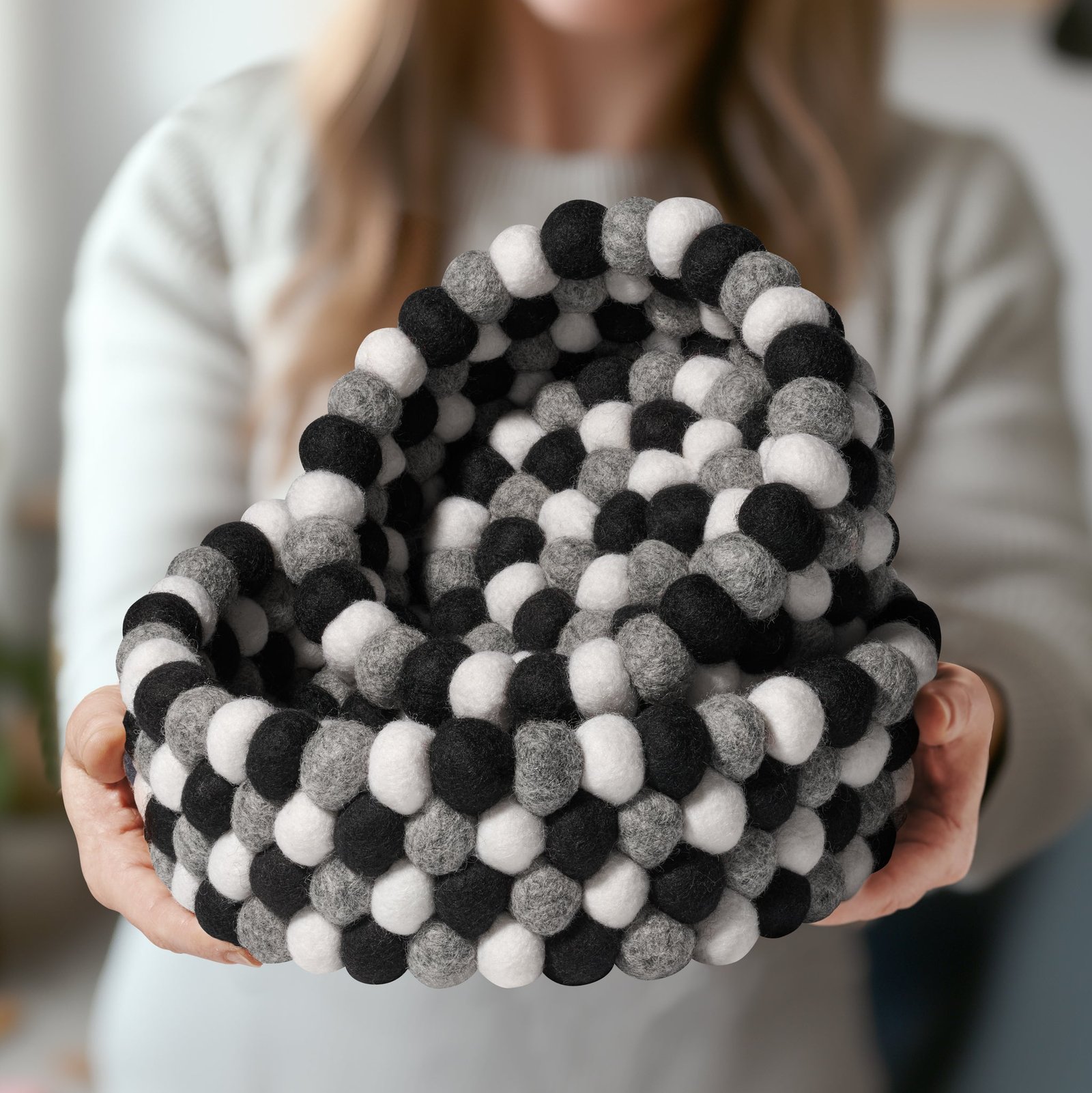 MODWOOL™ Felt Ball 7 Inch Diameter Decor Bowl - Black/White/Grey - Image 5