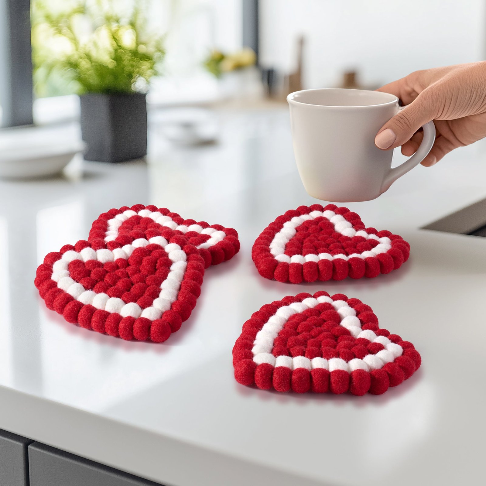 MODWOOL Felt Ball Four Piece 5 Inch Heart Coaster Set - Red/White - Image 6