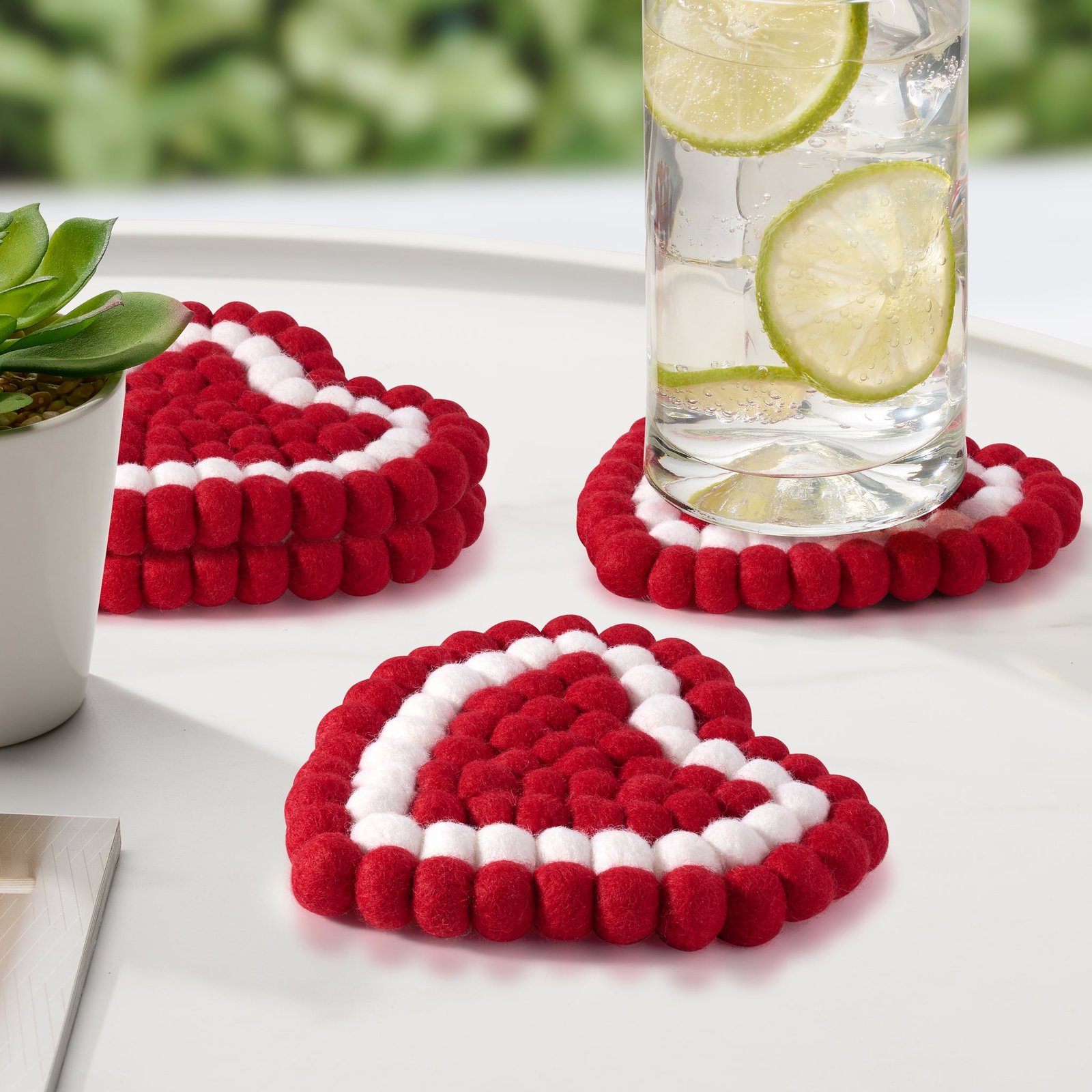 MODWOOL Felt Ball Four Piece 5 Inch Heart Coaster Set - Red/White - Image 3