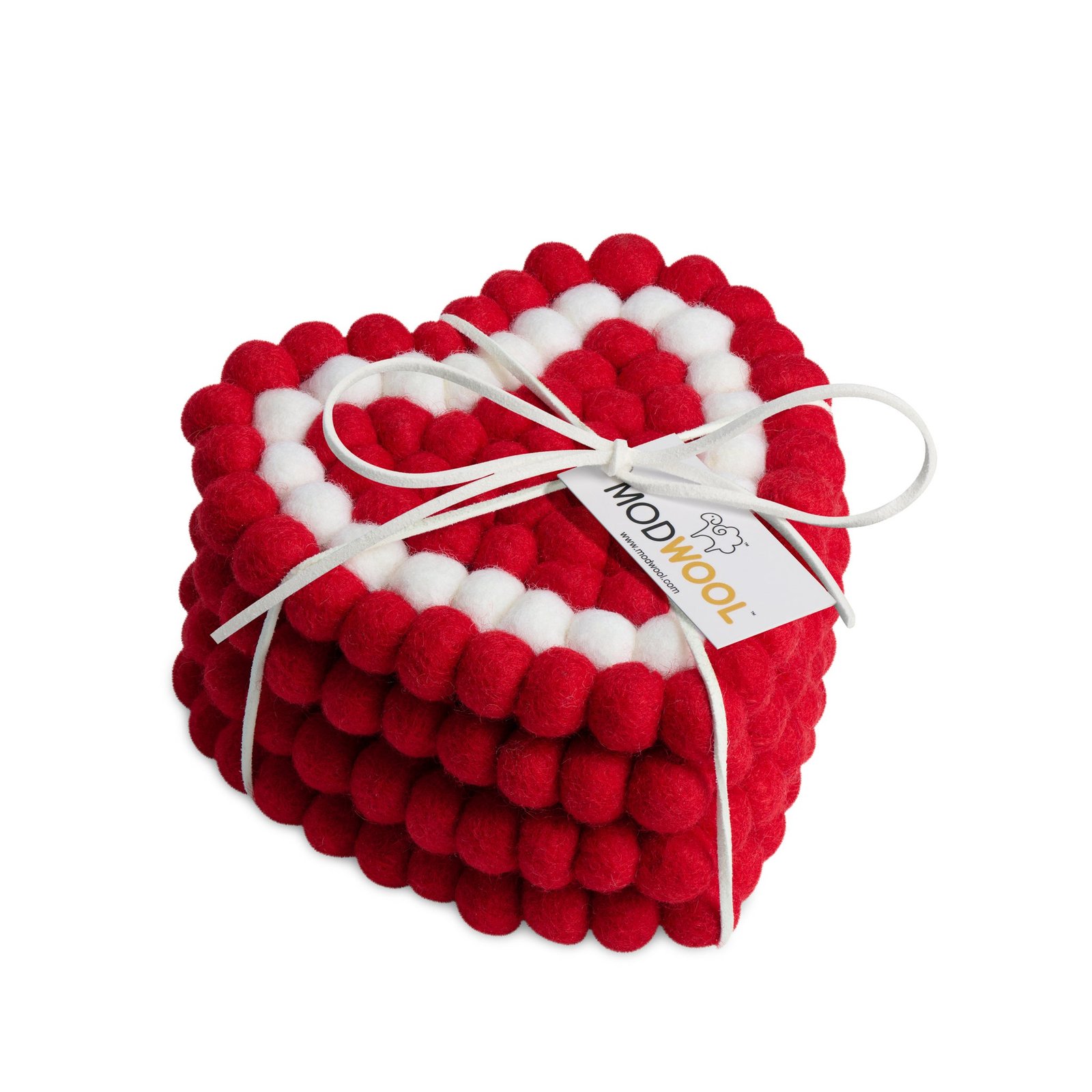 MODWOOL Felt Ball Four Piece 5 Inch Heart Coaster Set - Red/White - Image 5