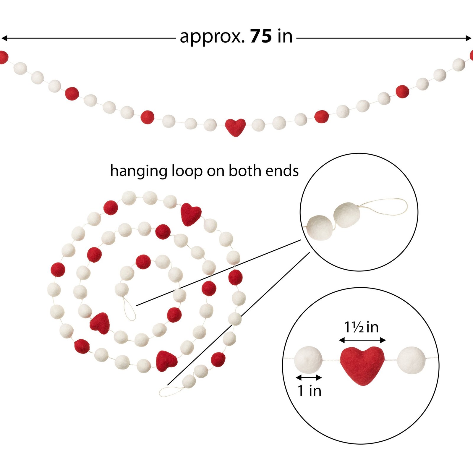 MODWOOL Felt Ball 75 Inch Length Garland - Hearts - Image 3