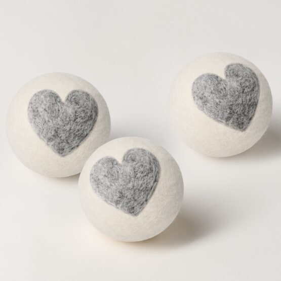 MODWOOL Felt Heart Design Three Piece 3 Inch Diameter Dryer Balls In Cotton Bag Set