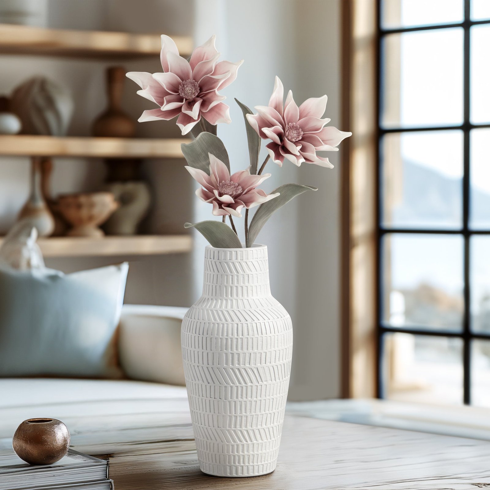 Canta Weave Textured 12.5 Inch Tall White Resin Vase - Image 5