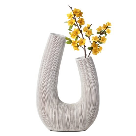 Alma Etched White Patina Resin Horn Vase - 12 Inch Tall - Image 9